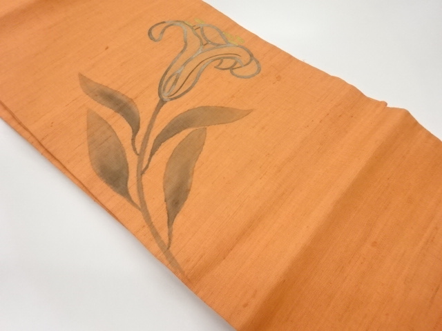 手織り紬金彩手描き百合模様名古屋帯